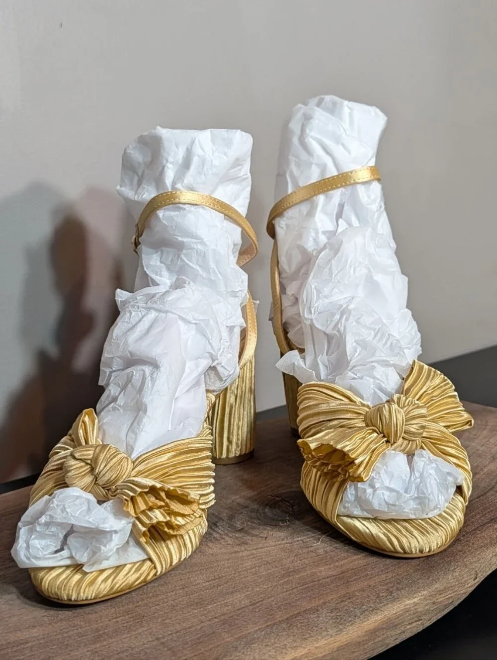 Gold Yellow Pleated Knot-Accent High Heel Sandals - Women